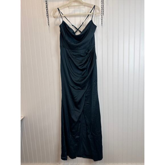 NWOT Lulus Moments of Beauty Dark Teal Satin Cowl Neck Tulip Maxi Dress Size L - Picture 3 of 7